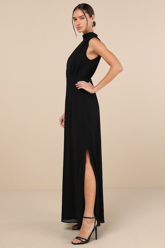 Classic Elegance Emerald Chiffon Sleeveless Mock Neck Maxi Dress