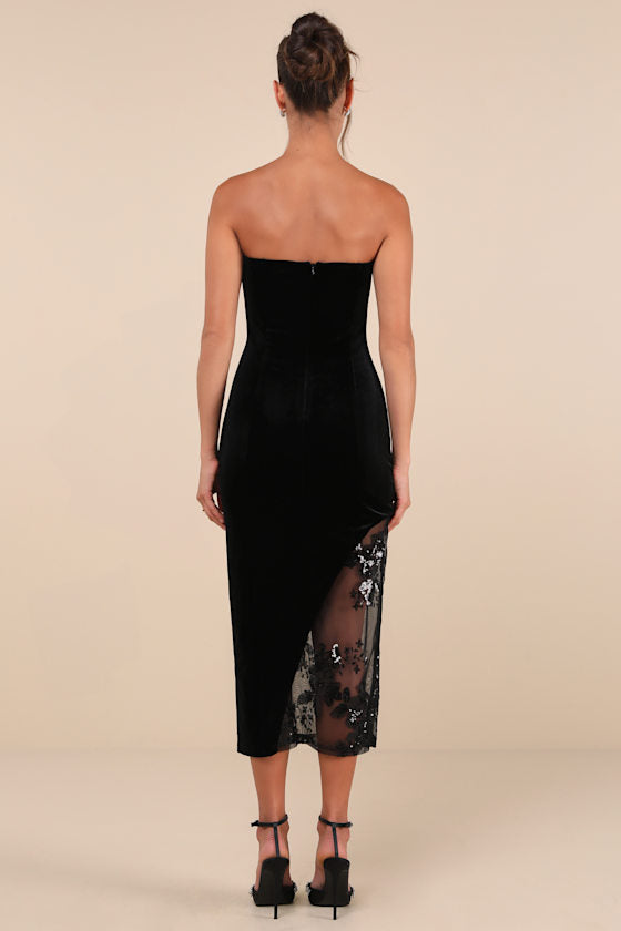 Feeling So Luxe Emerald Velvet Mesh Sequin Strapless Midi Dress