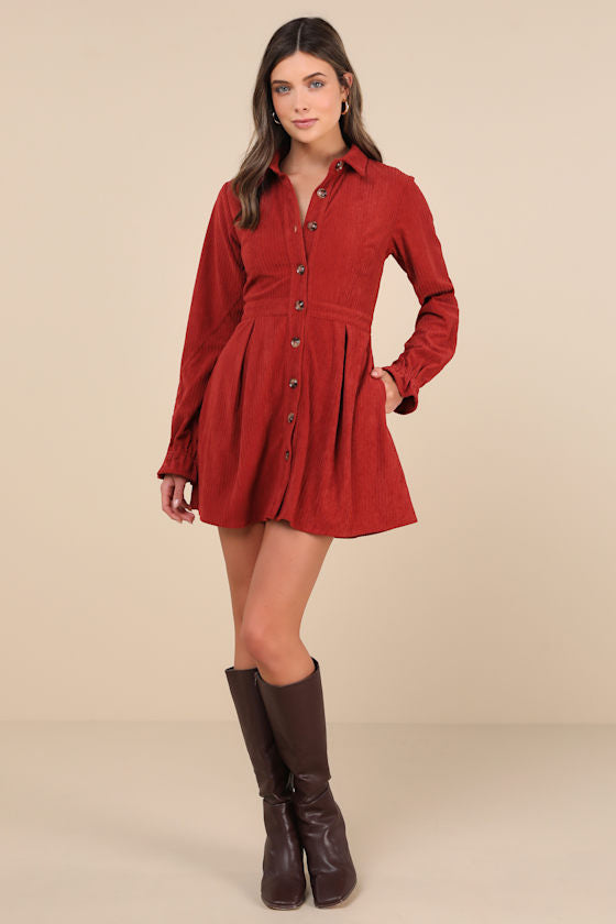Autumn Mood Dark Brown Corduroy Mini Dress With Pockets