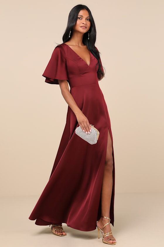 Elegant Confidence Teal Satin Flutter Sleeve Cutout Maxi Dress