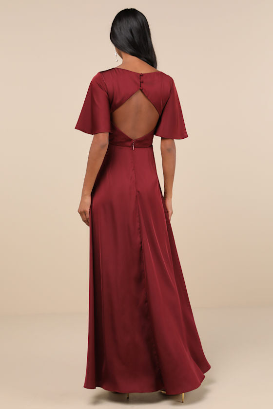 Elegant Confidence White Satin Flutter Sleeve Cutout Maxi Dress
