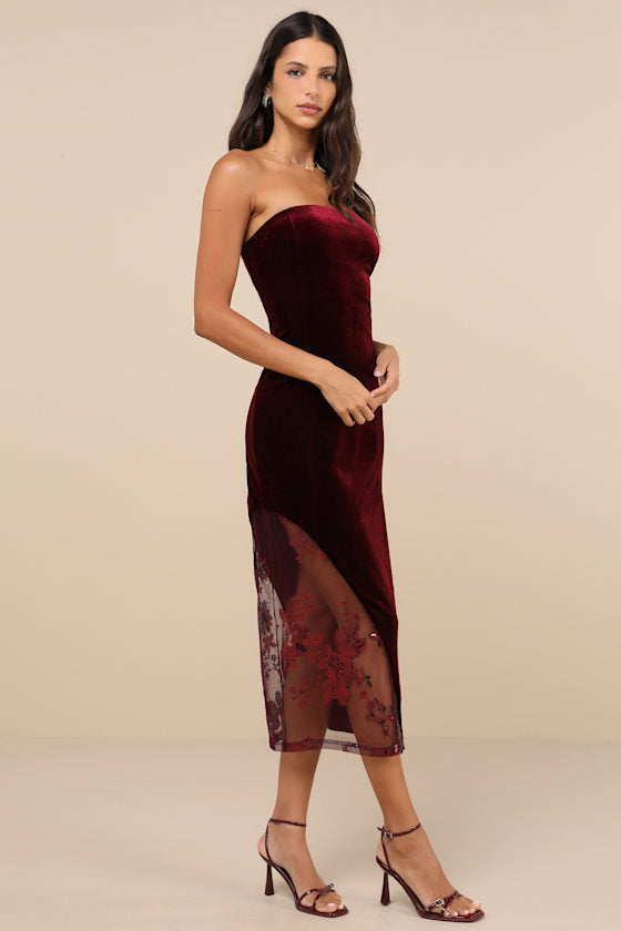 Feeling So Luxe Emerald Velvet Mesh Sequin Strapless Midi Dress