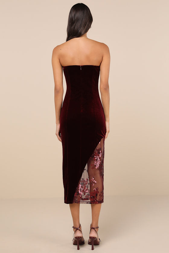 Feeling So Luxe Black Velvet Mesh Sequin Strapless Midi Dress