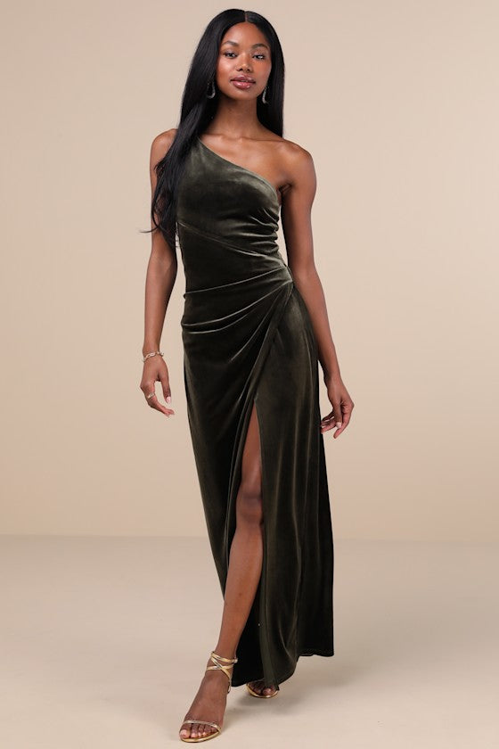 Elegant Era Dark Slate Blue Velvet One-Shoulder Maxi Dress