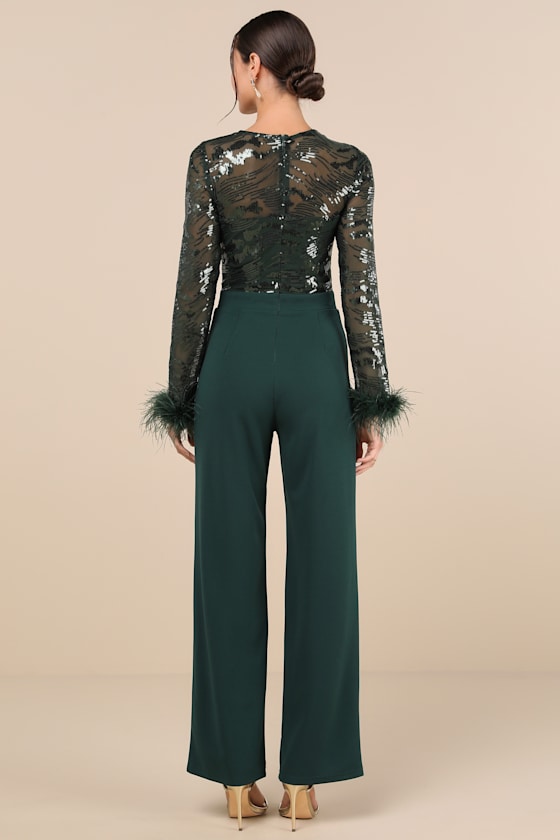 Limitless Radiance Black Sequin Feather Long Sleeve Jumpsuit