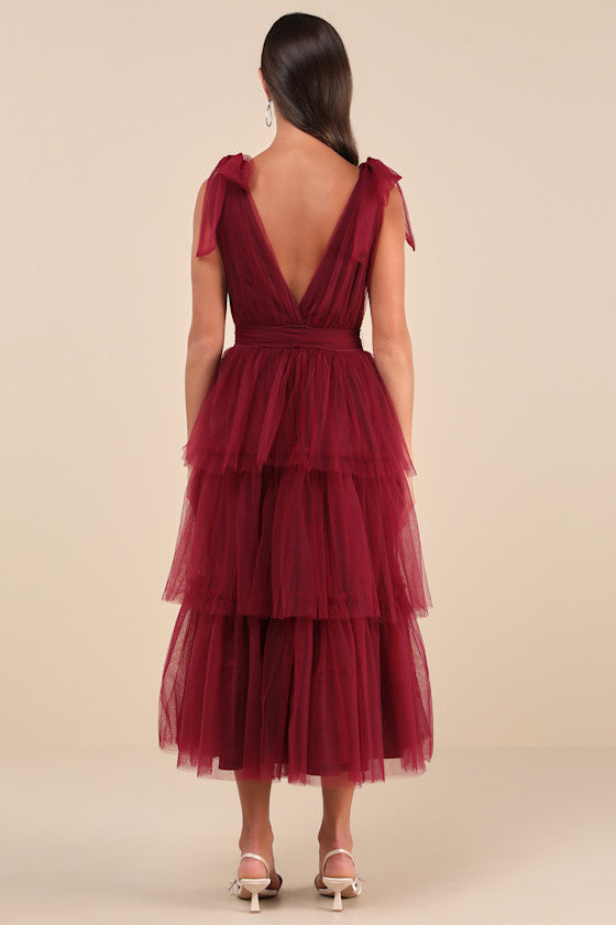 Flawless Arrival Navy Blue Tulle Tie-Strap Tiered Maxi Dress