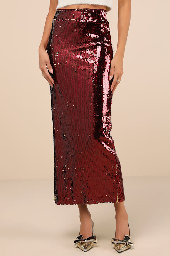Dazzling Appearance Gold Sequin High-Rise Midi Skirt
