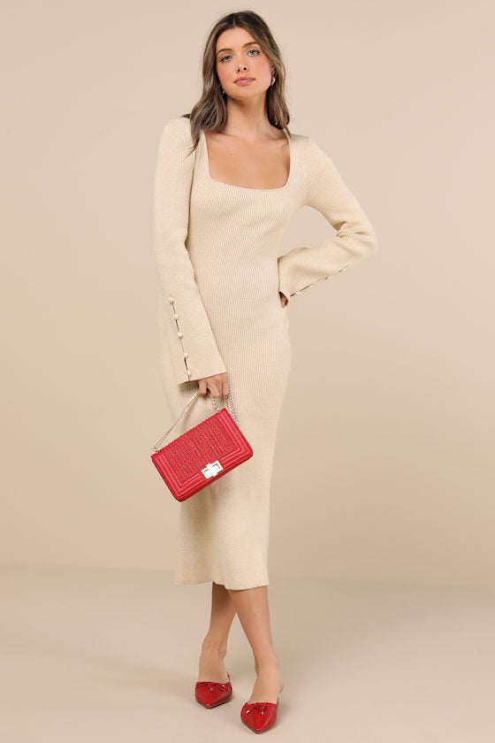 Classy Attitude Burgundy Ribbed Square Neck Midi Sweater Dress