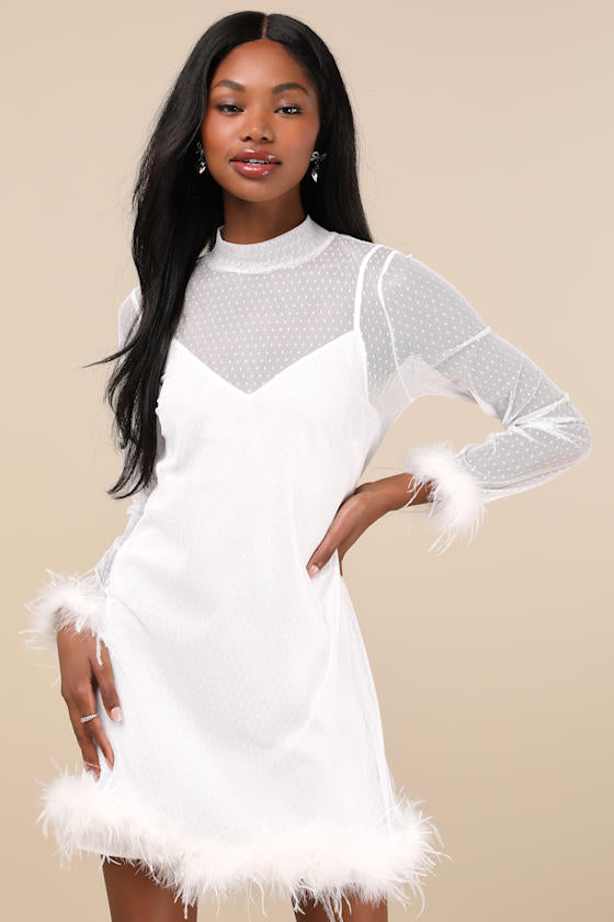 Immaculate Charisma Black Mesh Feather Long Sleeve Mini Dress