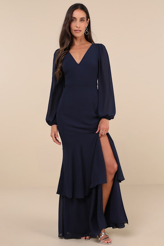 Tier Elegance Black Long Sleeve Tiered Maxi Dress