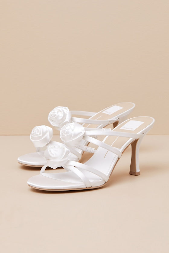 Linzy True White Satin Rosette High Heel Slide Sandals