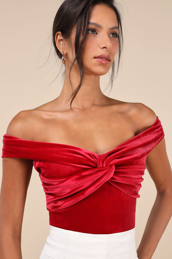 Ideal Attraction Dark Teal Velvet Off-the-Shoulder Top