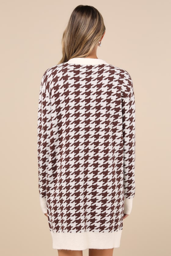 Truly Iconic Ivory and Brown Houndstooth Cardigan Sweater Dress