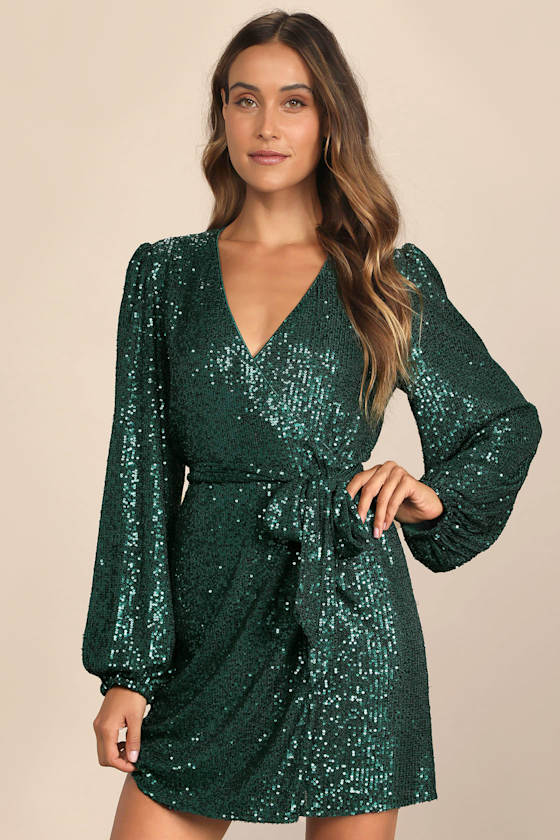 Sparkly Darling Gold Sequin Long Sleeve Wrap Dress