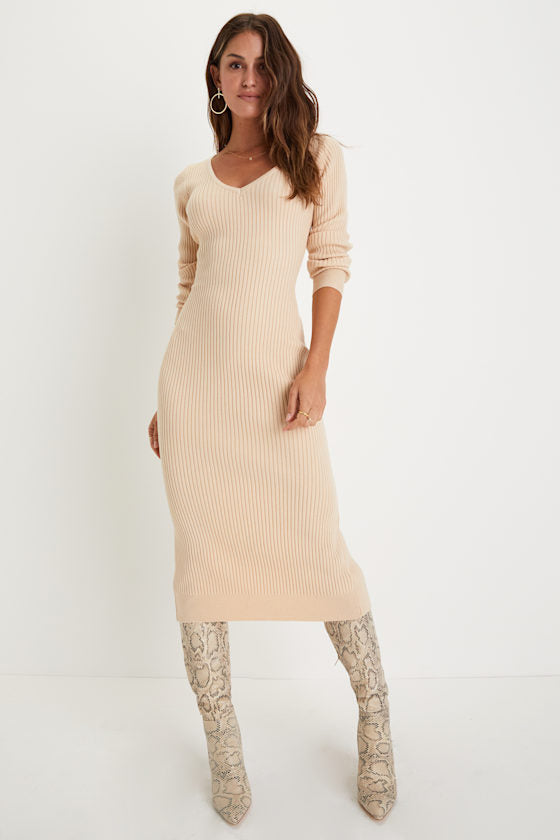 Everyday Beauty Green Long Sleeve Ribbed Knit Sweater Dress