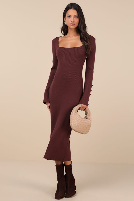 Classy Attitude Burgundy Ribbed Square Neck Midi Sweater Dress