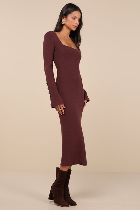 Classy Attitude Burgundy Ribbed Square Neck Midi Sweater Dress