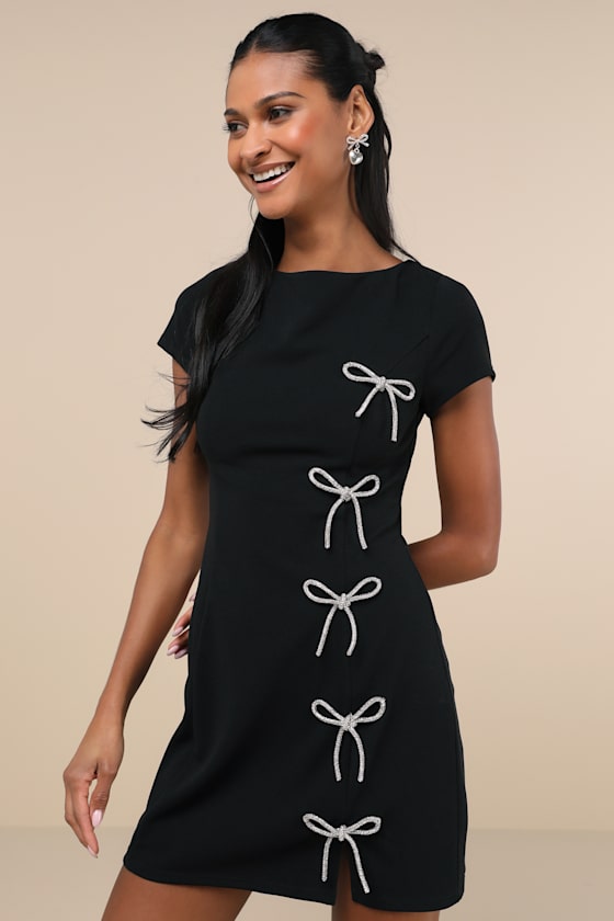 Endearing Sparkle Black Rhinestone Bow Mini Dress