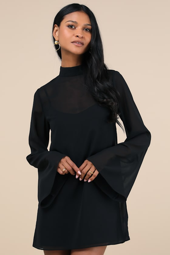 Perfected Charm Black Multi Floral Bell Sleeve Mini Shift Dress