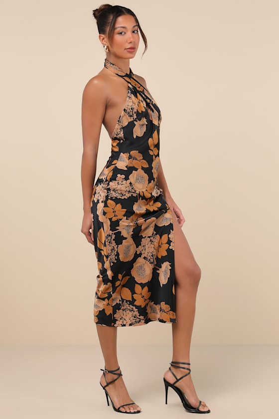 Beyond Classy Blue and Pink Floral Satin Halter Midi Dress