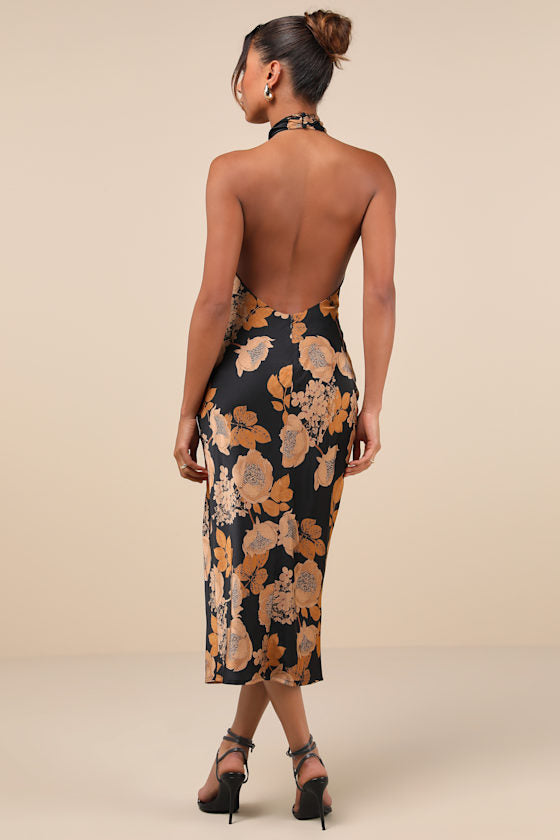 Beyond Classy Black Multi Abstract Print Satin Halter Midi Dress