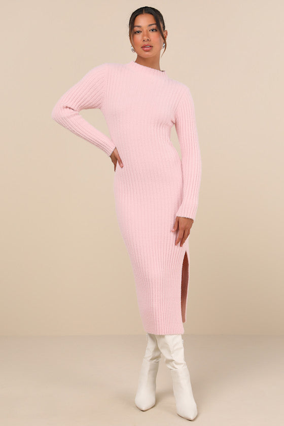 Irresistible Feelings Ivory Fuzzy Knit Midi Sweater Dress