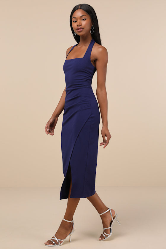 Prominent Charm Rust Brown Halter Bodycon Tulip Midi Dress