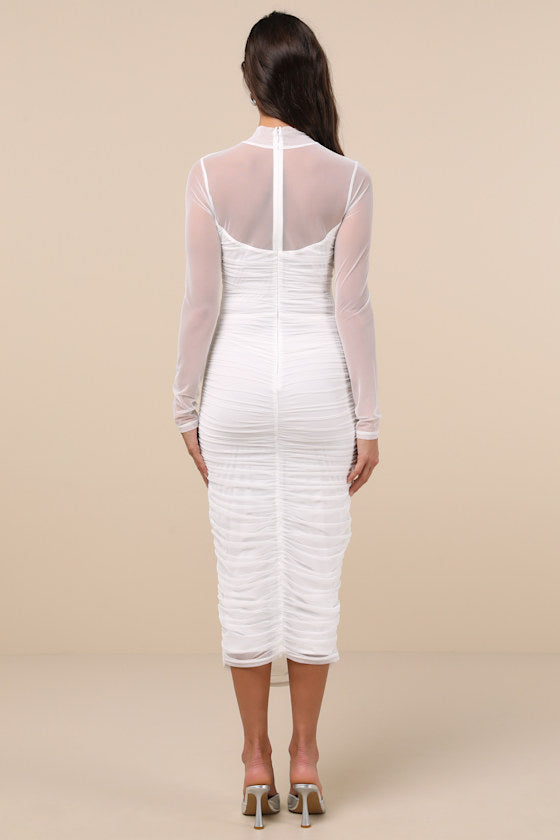 Impressive Flirt Slate Blue Mesh Ruched Mock Neck Midi Dress