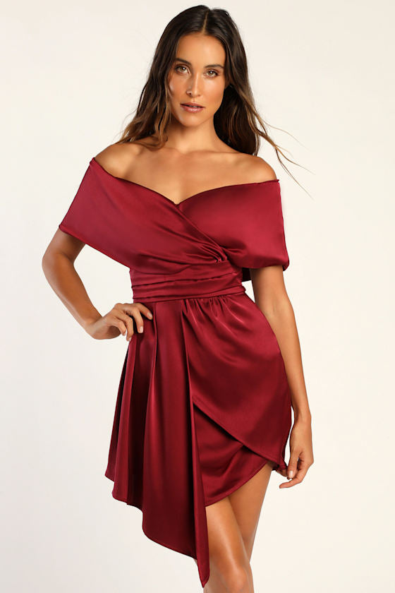 Always Celebrating Ivory Satin Off-the-Shoulder Mini Dress