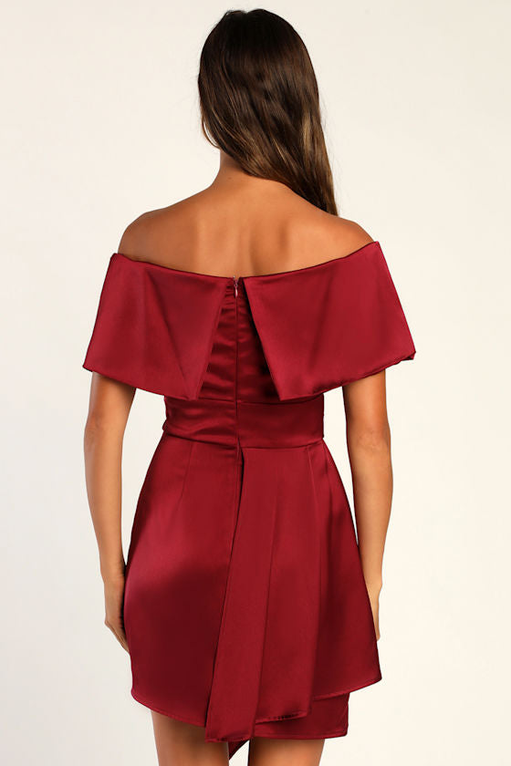 Always Celebrating Mauve Pink Satin Off-the-Shoulder Mini Dress