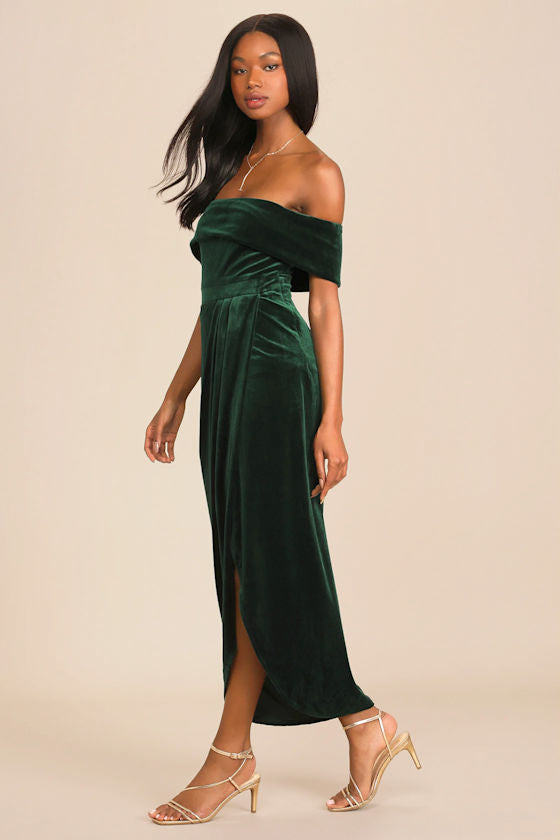 I'm Enchanted Navy Blue Velvet Off-the-Shoulder Maxi Dress