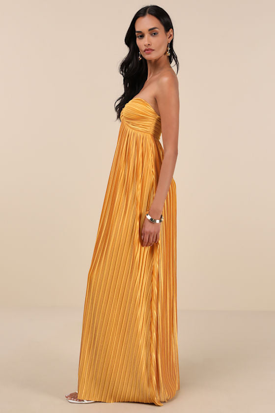 Whimsical Beauty Black Satin Plisse Strapless Maxi Dress