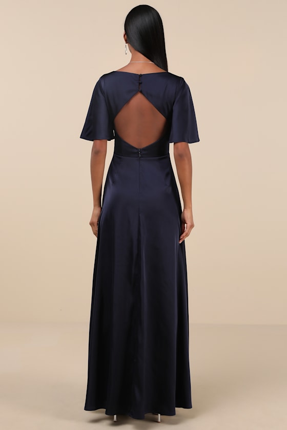 Elegant Confidence White Satin Flutter Sleeve Cutout Maxi Dress