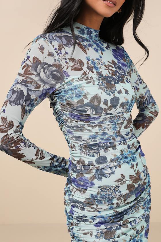 Impressive Flirt Plum Floral Mesh Ruched Mock Neck Midi Dress
