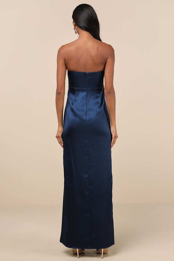 Memorable Entrance Olive Green Strapless Satin Maxi Dress