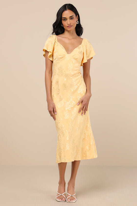 Effervescent Afternoon Slate Satin Flutter Sleeve Midi Dress