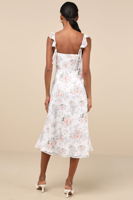 Delightful Direction Blush Floral Ruffled Tie-Strap Midi Dress
