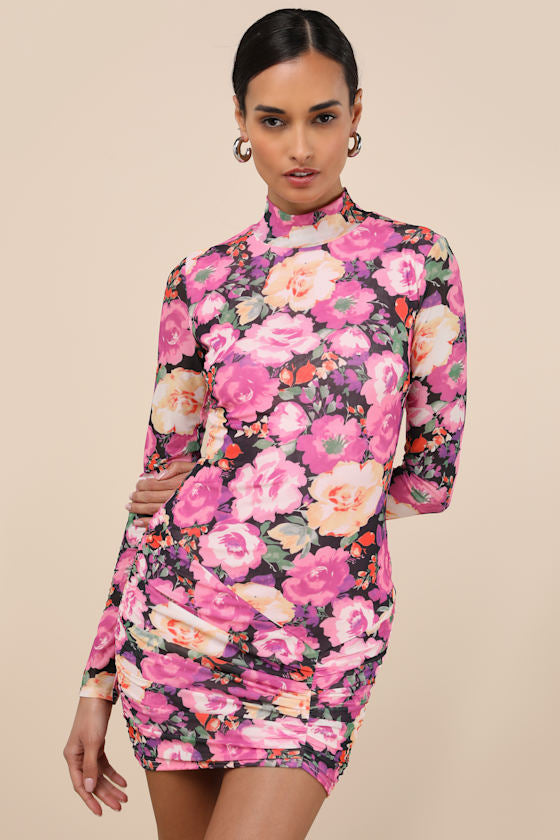 Prettiest Energy Ivory Multi Floral Mesh Long Sleeve Mini Dress