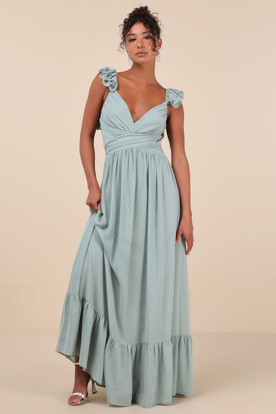 Soiree Celebration Navy Blue Ruffled Lace-Up Maxi Dress