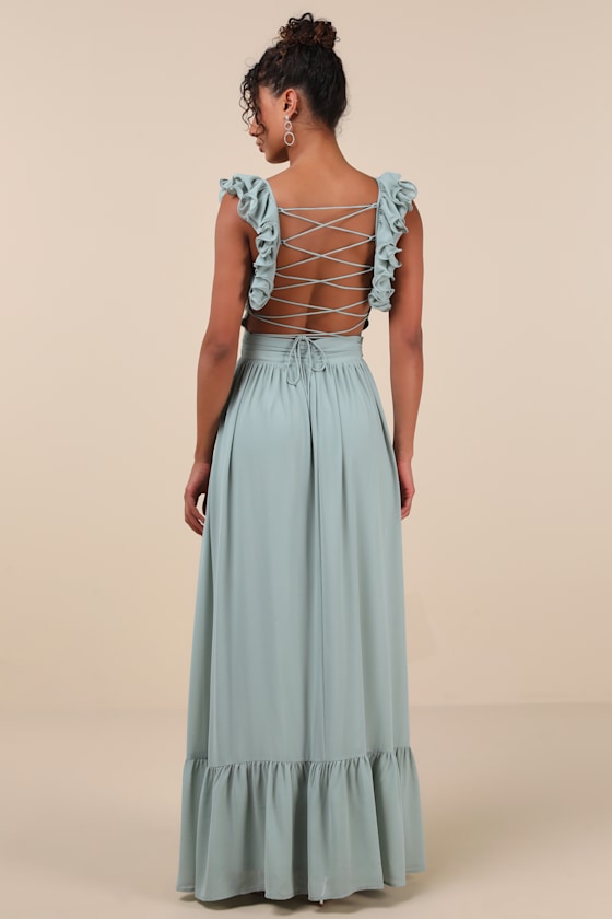 Soiree Celebration Blue Floral Ruffled Lace-Up Maxi Dress