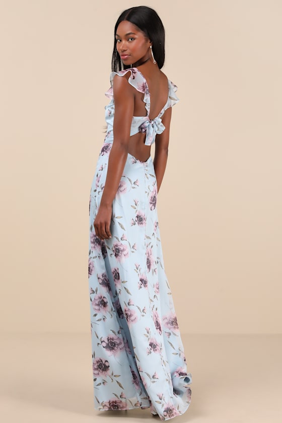 Sweetest Entrance Plum Purple Floral Ruffled Tie-Back Maxi Dress