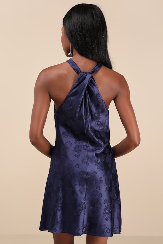 Got the Key Mauve Satin Floral Jacquard Halter Mini Dress