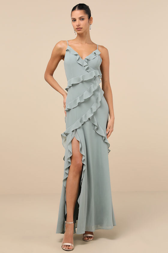 Fancy Sweetness Wine Red Ruffled Lace-Up Sleeveless Maxi Dress