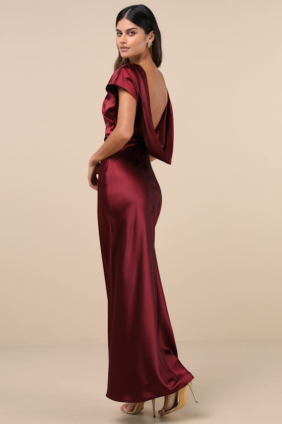 Captivating Presence Forest Green Satin Cowl Back Maxi Dress