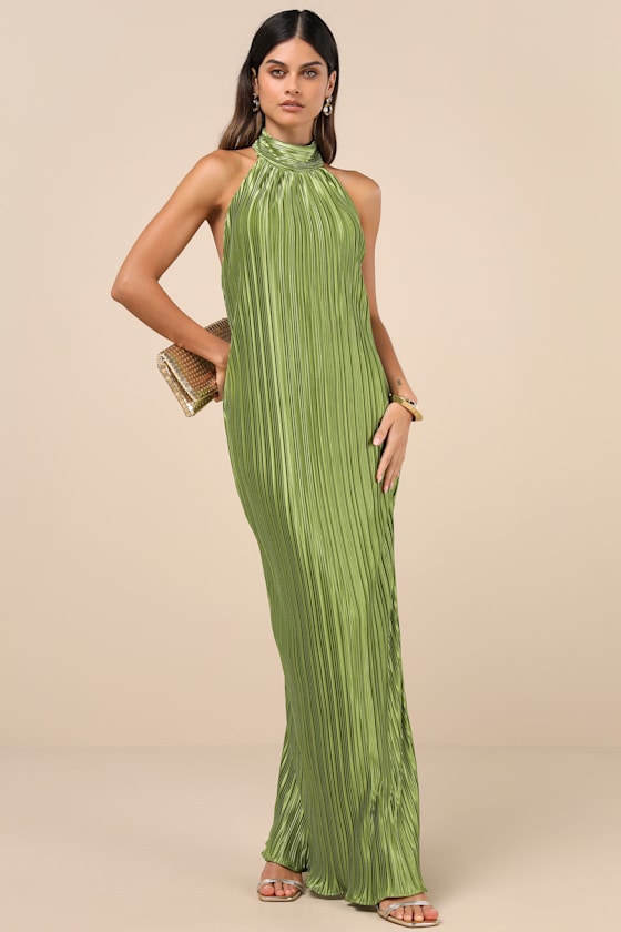 Gwenny Aqua Blue Satin Plisse Maxi Dress