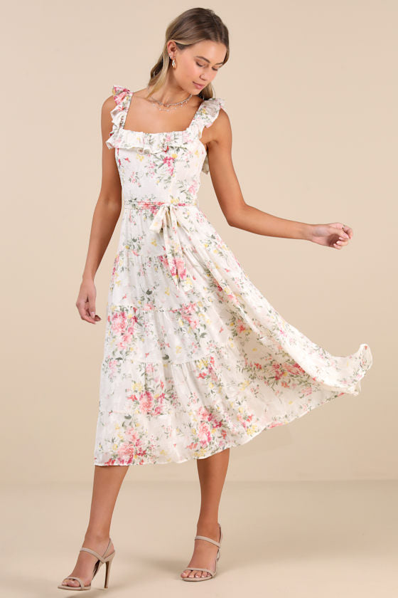 Shela Teal Floral Jacquard Tiered Midi Dress