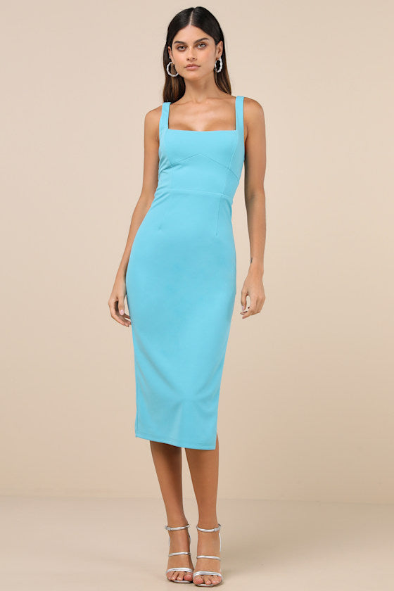 Vibrant Allure Black Square Neck Sleeveless Bodycon Midi Dress