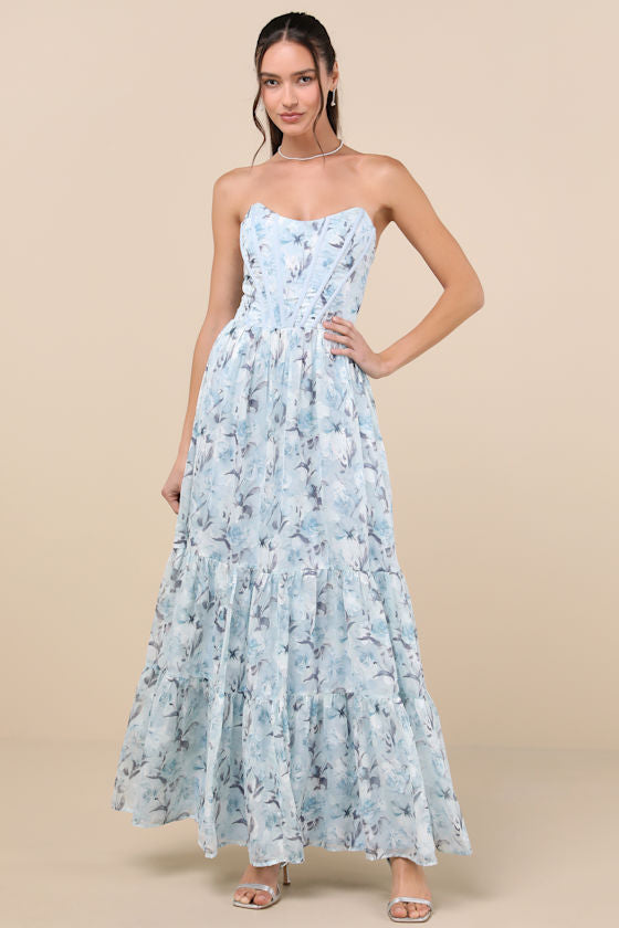 Special Moment Pink Floral Strapless Bustier Maxi Dress