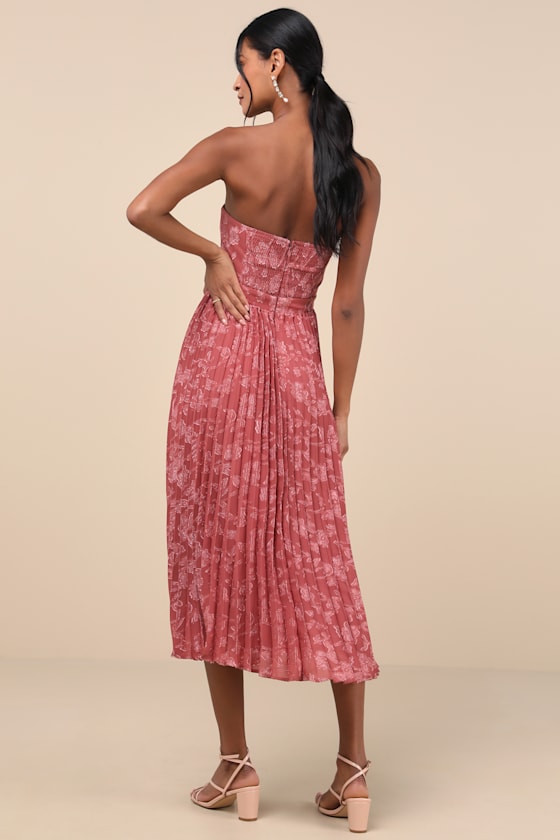 Perfectly Stunning Burgundy Jacquard Strapless Midi Dress