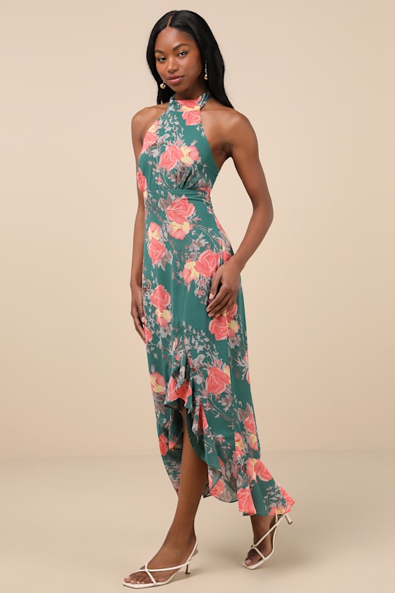 Elegant Entrance Black Floral Print Halter Maxi Dress